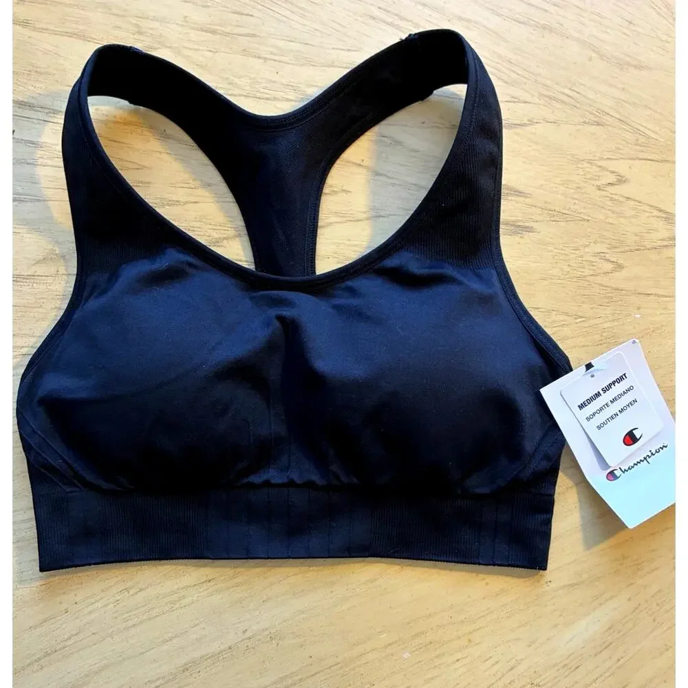 NEW Champion Sports Bra Medium Seamless Racerback Black Stretch Comfortable Gym
